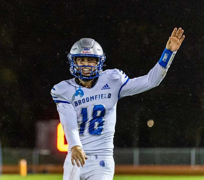 Bloomfield High School (Colorado) quarterback celebrates a big play.